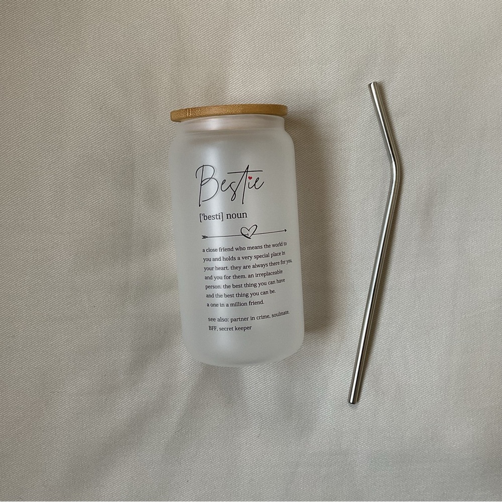 Bestie Tumbler Travel Drinking Glass w Lid + Metal Reusable Straw +Gift Box NWOT